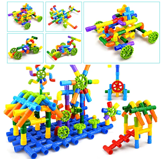 Tube Block Toy Pipeline Tunnel Car Wheels DIY Blocks Creative STEM Bricks Educational Kit Pipe Block Training Toys For Children 3