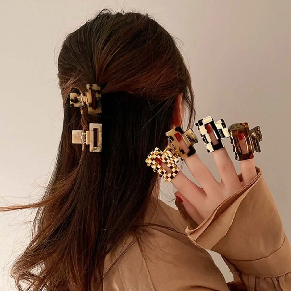 Leopard-Print Checkerboard Square Head Small Hair Clip Female Elegant Temperament Half-Tie Hair Clip On The Back Of The Head