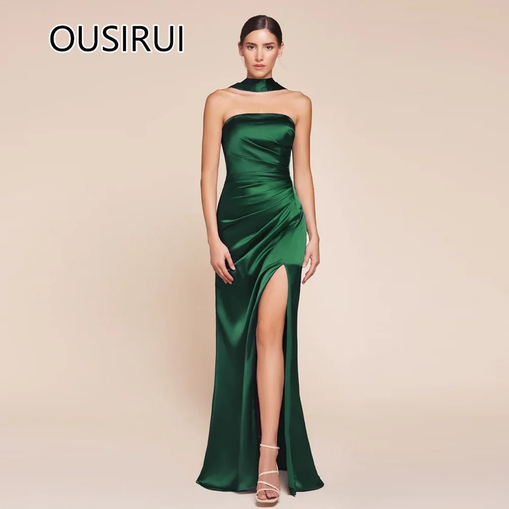 OUSIRUI Boat Collar Satin Pleated Formal Evening Party Dress Sleeveless Mermaid Side Slit Court Prom Bridal Gown robe de mari&eacute;e