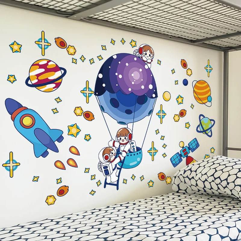 [Shijuekongjian] Cartoon Astronauts Wall Stickers Diy Rocket Planets Wall Decals For Kids Rooms Baby Bedroom Home Decoration