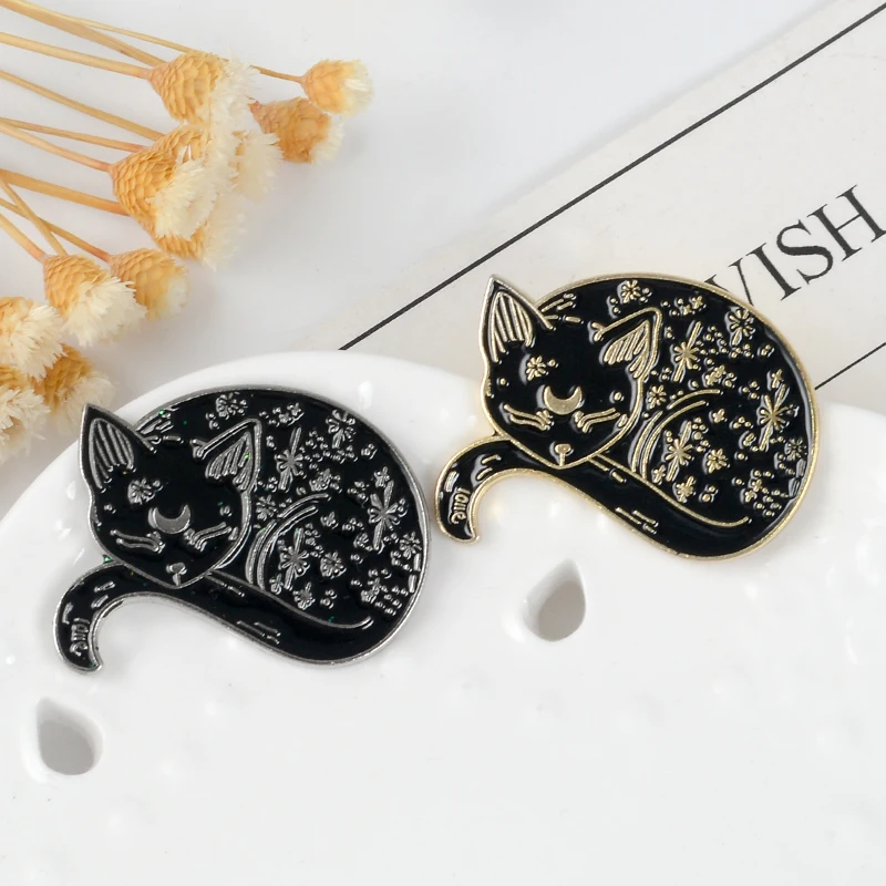 Gothic Halloween Enamel Pins – Bat, Cat, Moon & Skull Design Brooches (2PCS), Bronze Alloy