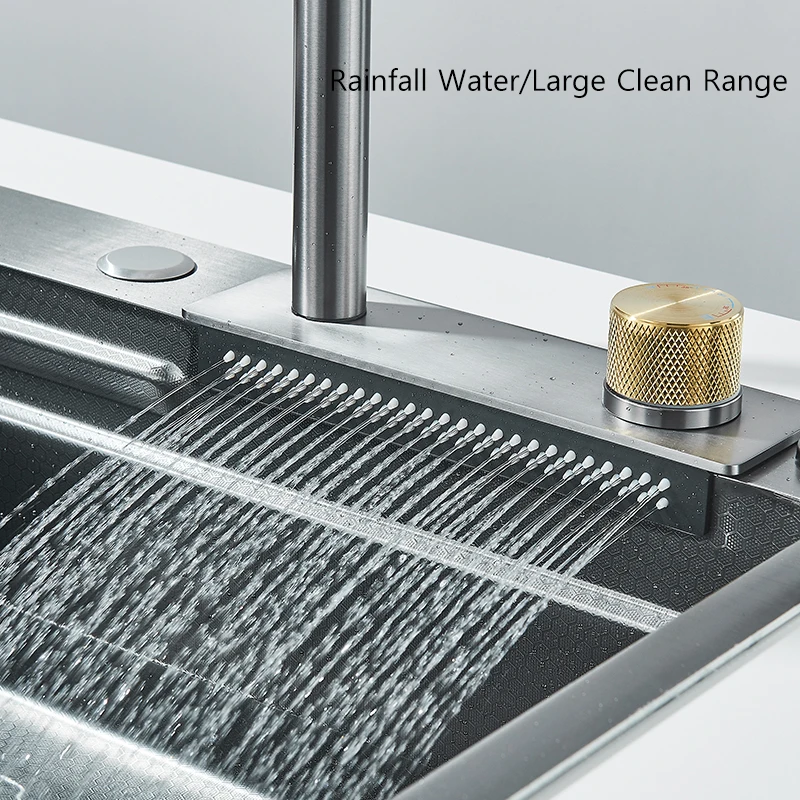 304 Stainless Steel Waterfall Kitchen Sink Large Single Slot Integrated 60X45cm Faucet Set Soap Dispenser Pure Water Tap 6