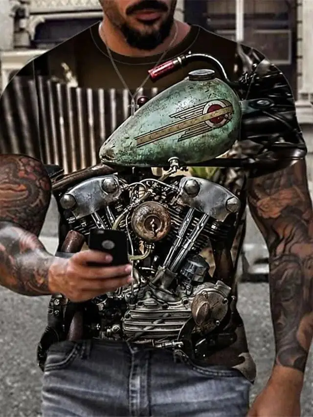 

Дешевая мужская летняя футболка с коротким рукавом и 3D-принтом двигателя мотоцикла, Мужская футболка в стиле Харадзюку, модная уличная одежда с животными