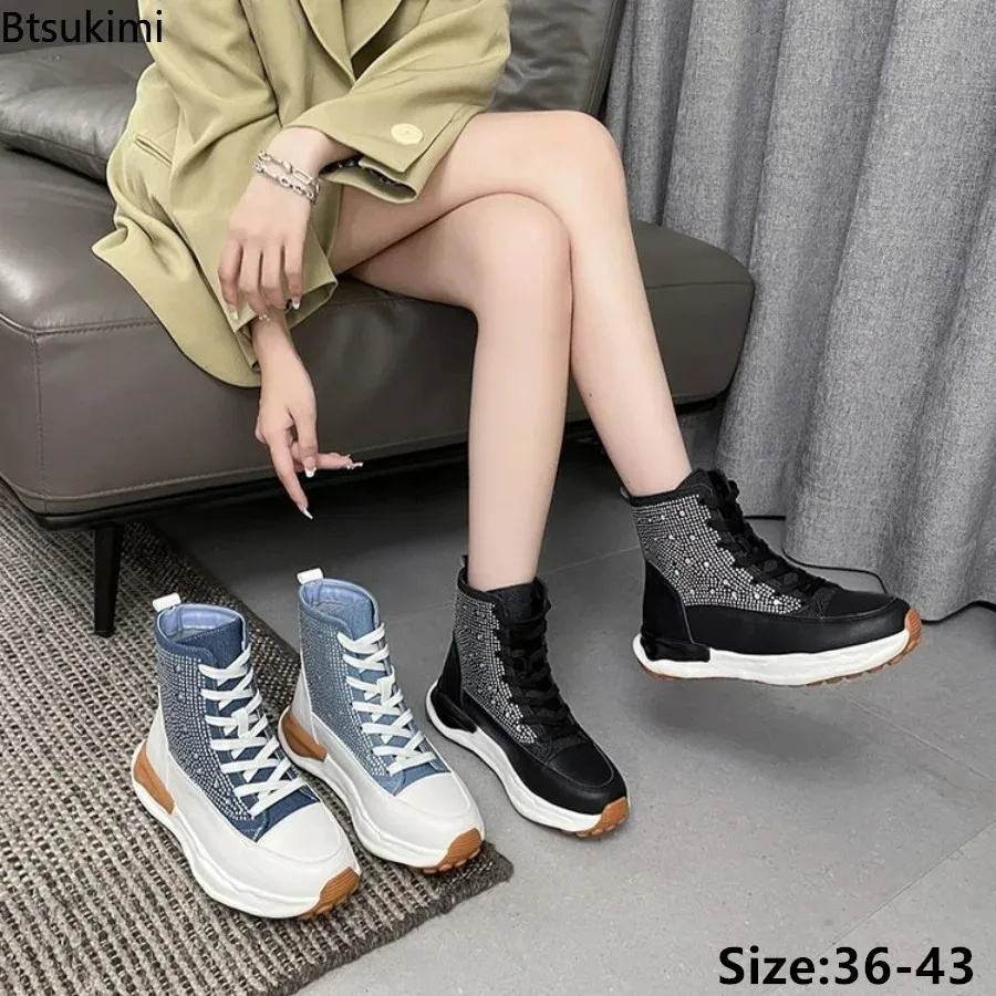2024 Women's Front Lace Up Short Boots Diamond Thick Sole Martin Boots Autumn Winter Casual Mid Length Flat Bottom Boots Woman