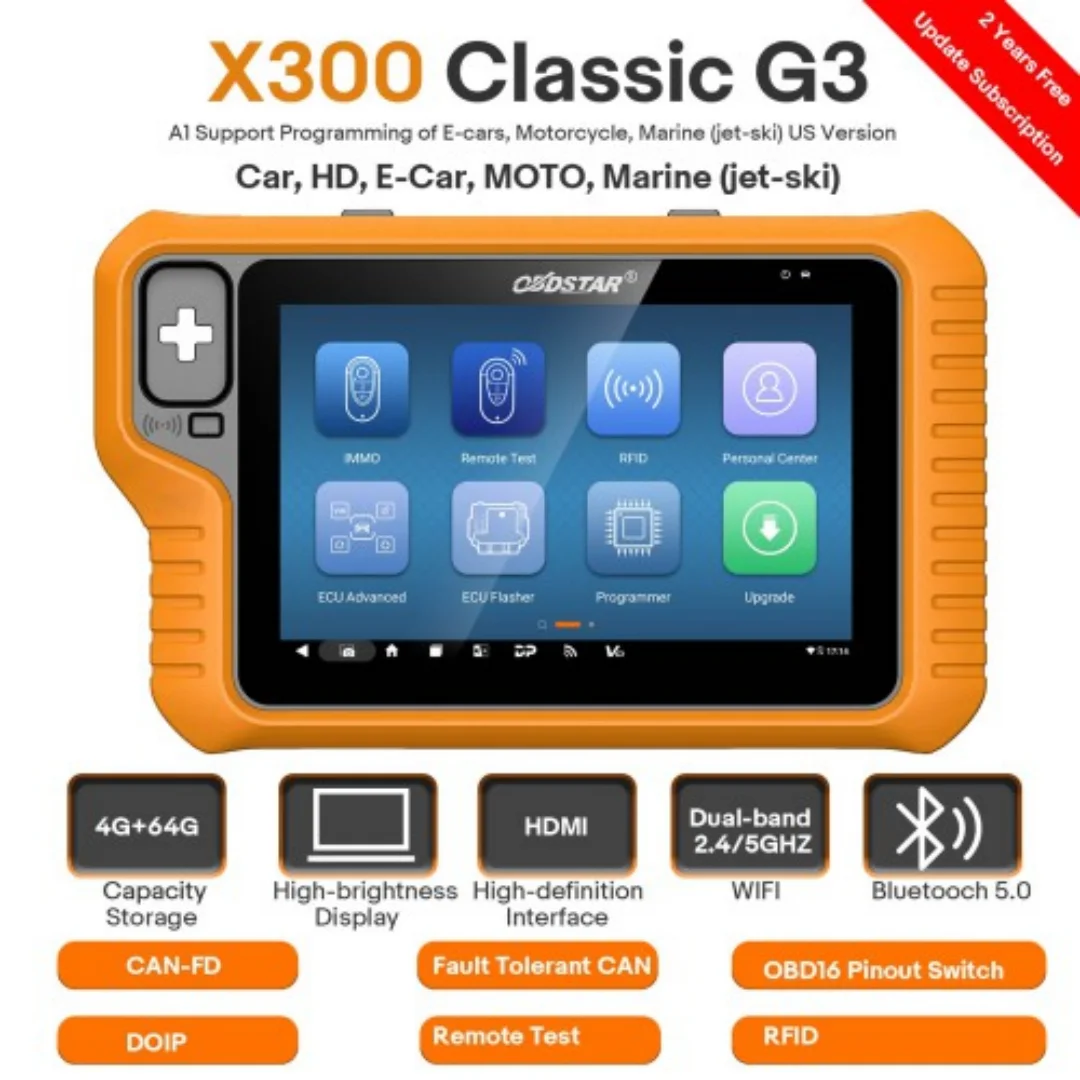 

2024 OBDSTAR X300 Classic G3 Key Programmer with Built-in CAN FD DoIP Support Car/ HD/ E-Car/ Motorcycles/ Jet Ski