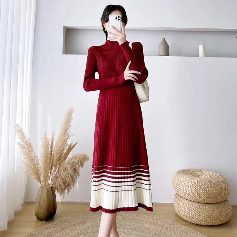 PregnantWomanWinterDressBlockColorStripedLongSleeveTurtleneck