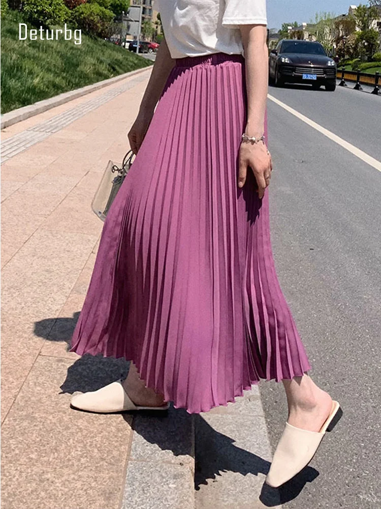 Womens Chic Pleated Swing Long Skirt with Liner Korean Fashion Kawaii Elastic High Waist OL Chiffon Shirring Mermaid Skirts K77 classy bracelet pouches with burlap material 50pcs lot keychain elegant packing bag of linen jute chic candy chocolate bags