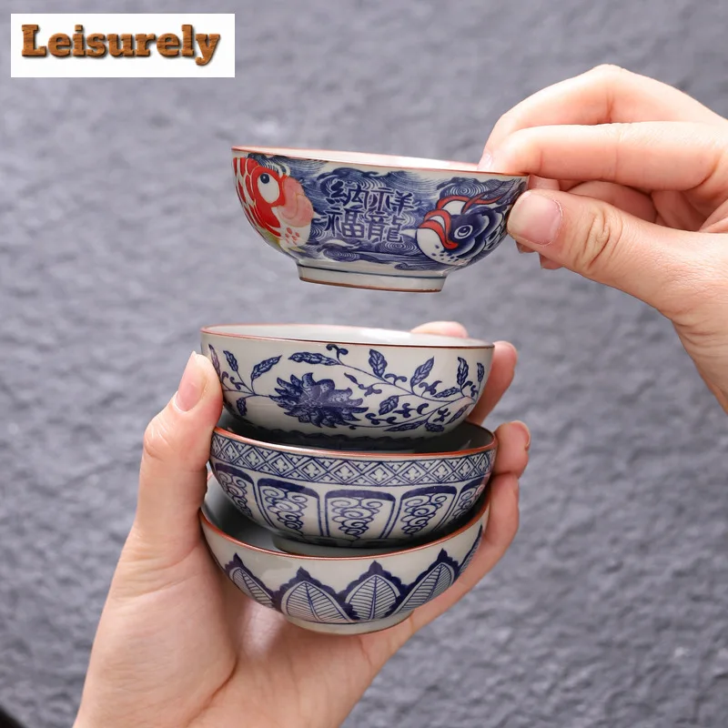 70ml Blue and White Porcelain Tea Cups Retro Fish Dargon Master Cup Puer Tea Bowl Meditation Cup Chazhan Kung Fu Tea Drinkware