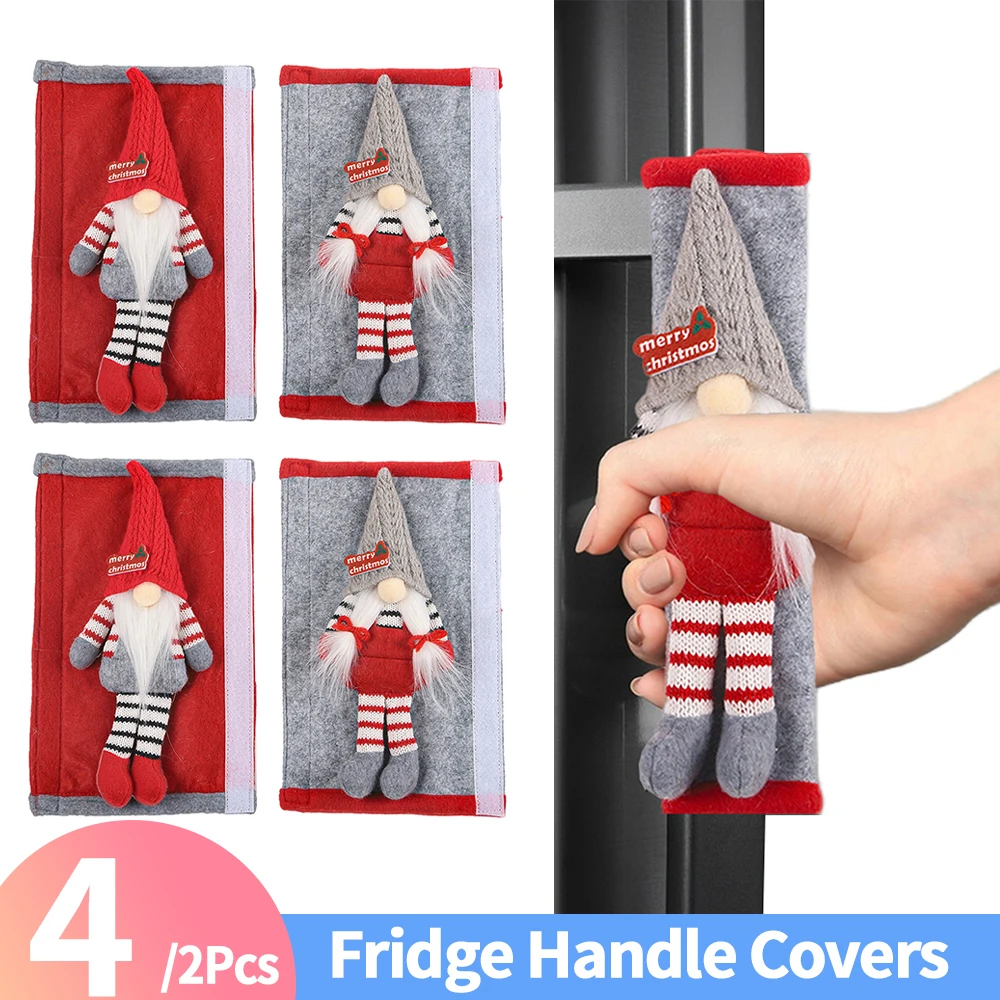 2/4Pcs Refrigerator Handle Covers Red Fleece Cloth Christmas Microwave Kitchen Door Handle Cover Adorable Gnome Protector
