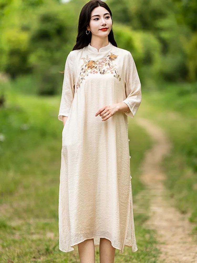 

Женское Повседневное платье, Новое поступление 2023, летние винтажные свободные женские элегантные длинные платья в китайском стиле с цветочной вышивкой