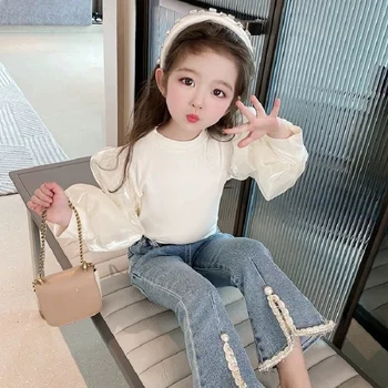 Girls' Puff-Sleeve Base Shirt, Spring and Autumn Clothing, Stylish Baby Girl Top, Fashionable Princess Long-Sleeve T-Shirt Clothing 1