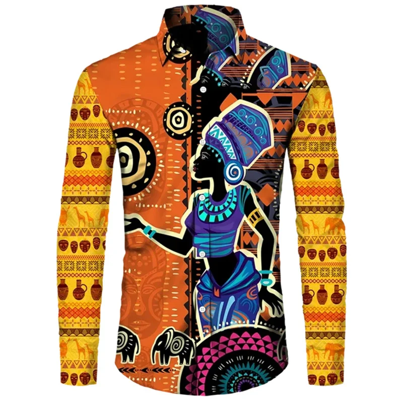 2024 African Dashiki Print Men's Lapel Button-Down Shirt Casual Long Sleeve Tops Clothing Ethnic Style Street Wear Shirt african men tracksuits ethnic totem printed summer street fashion casual short sleeve shorts high quality beach t shirt 2 pieces