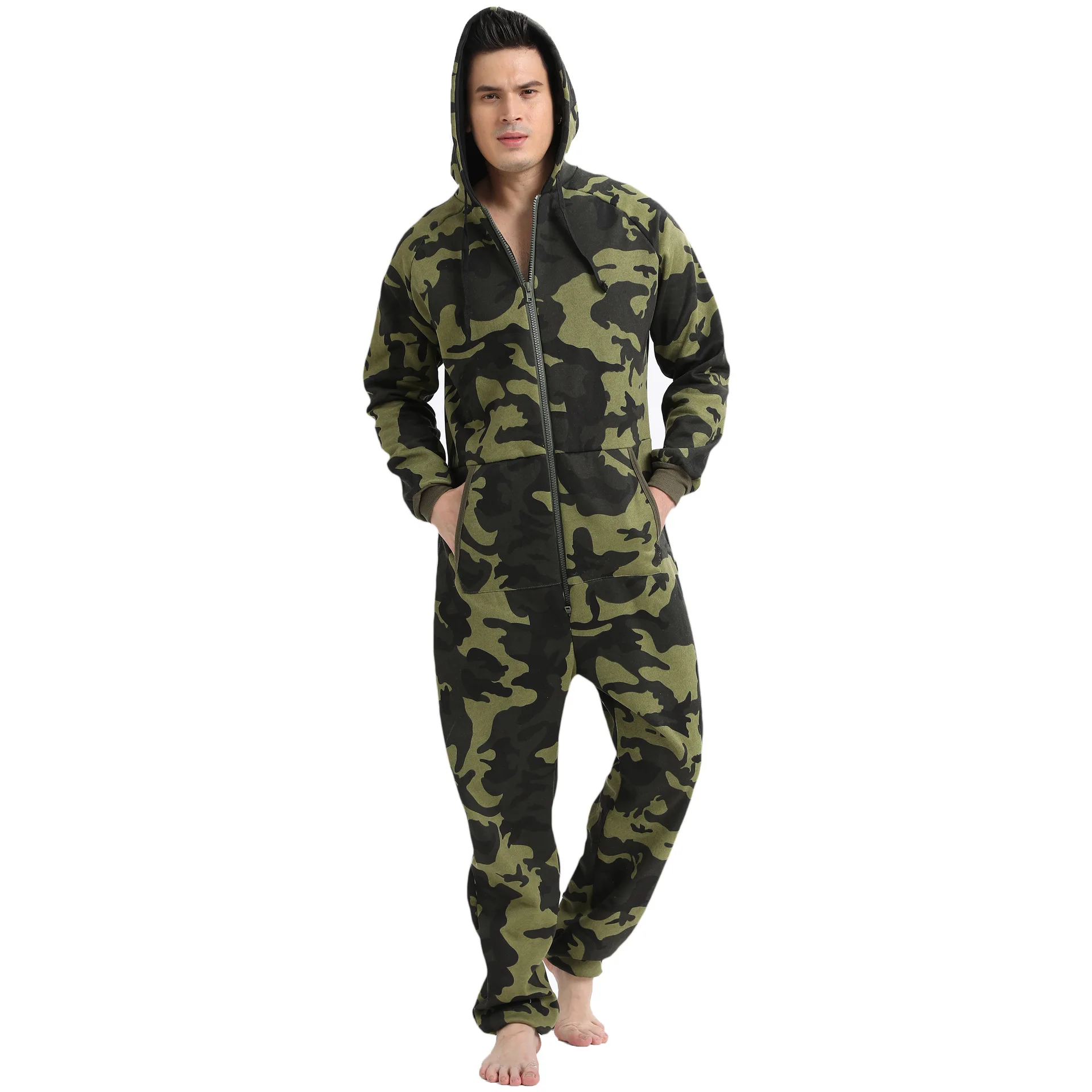 Men Long Sleeve Hooded Onesie Homewear Spring Autumn Green Camouflage Print Pajamas Sleepwear