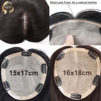 Topper per capelli in seta nera leggera da 15x17 cm, annodato a mano, con pelle realistica, in vero capello umano vergine, con clip, per donna