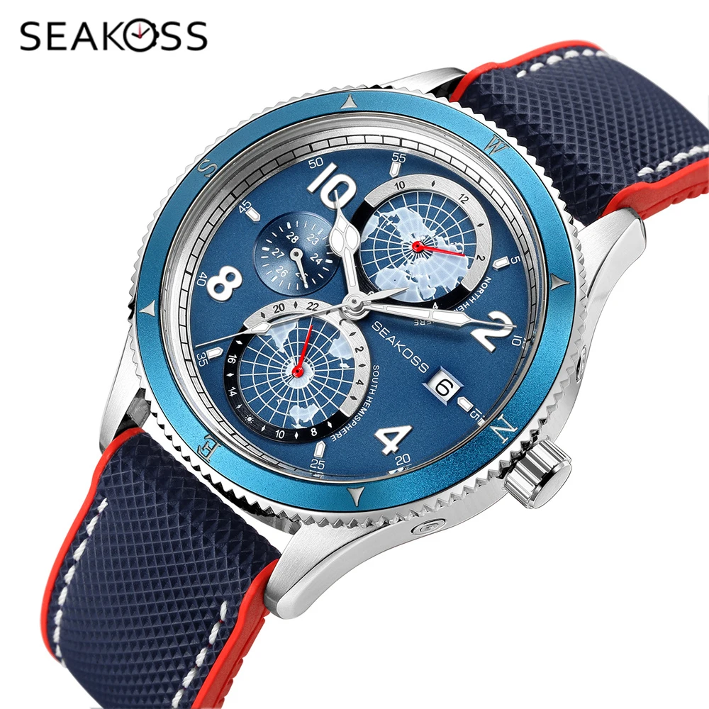 SEAKOSS Mens Diving Watch 10Bar Fully Automatic Mechanical Wristwatch 3Eyes Nylon Fluorosilicone Super Luminous Sapphire Clocks