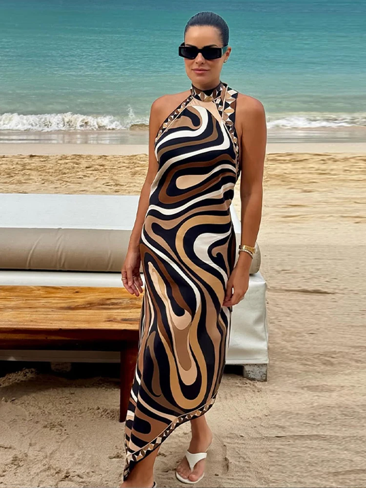 Beach Print Skew Dress Women Halter Sleeveless Backless High Waist Straight Robe Female 2026 Summer Chic New Holiday Dresses - Image 4