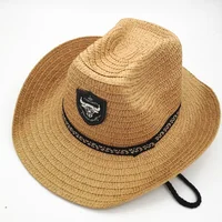 Summer Men Bull Badge Cowboy Straw Sunhat With Rope Jazz Hats Western With Wide Brim Caps Sun Protection Fedora Cap For Man 1
