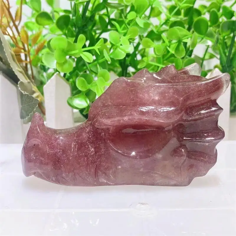 

10cm Natural Strawberry Quartz Dragon Skull Crystal Animal Carved Healing Energy Stone Crafts Home Decoration 1PCS