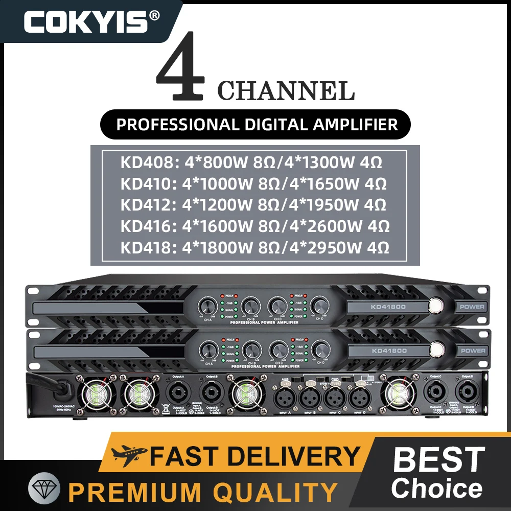 

COKYIS 4X1800W Subwoofer Amplifier Aduio Powerful Professional Amps Class D 4-Channel PFC 90V-270V Stable 2Ω 10000W Max