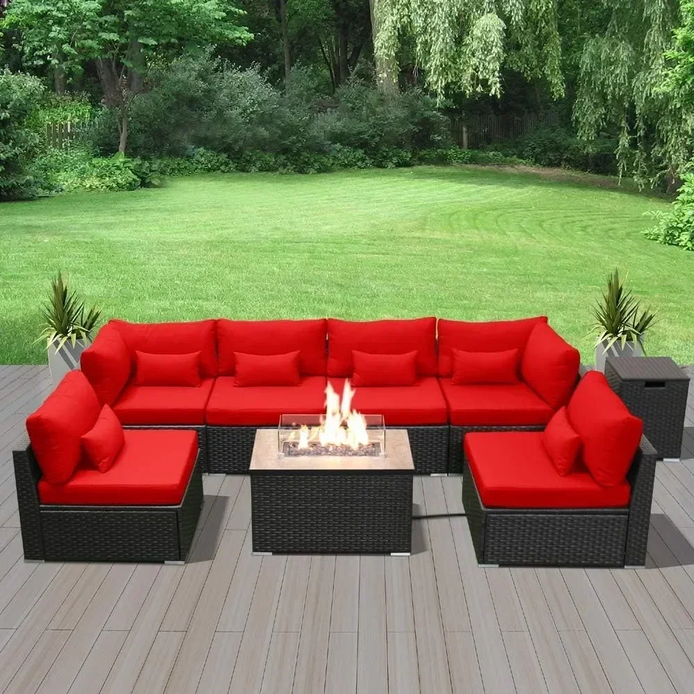 Furniture Sectional Sofa with Gas Fire Pit Table Outdoor Patio Furniture Sets Propane Fire Pit red-Rectangular Garden Sofas 5