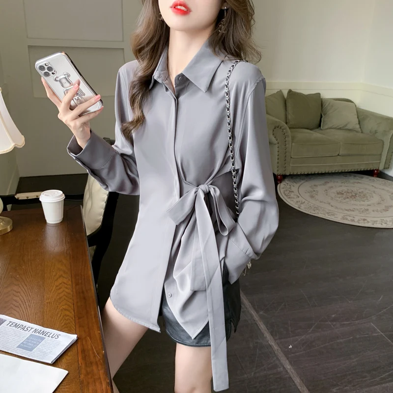 Spring New Women's French Solid Color Chiffon Shirt in the Long Paragraph Long-sleeved Shirt Female Tide the ebb tide