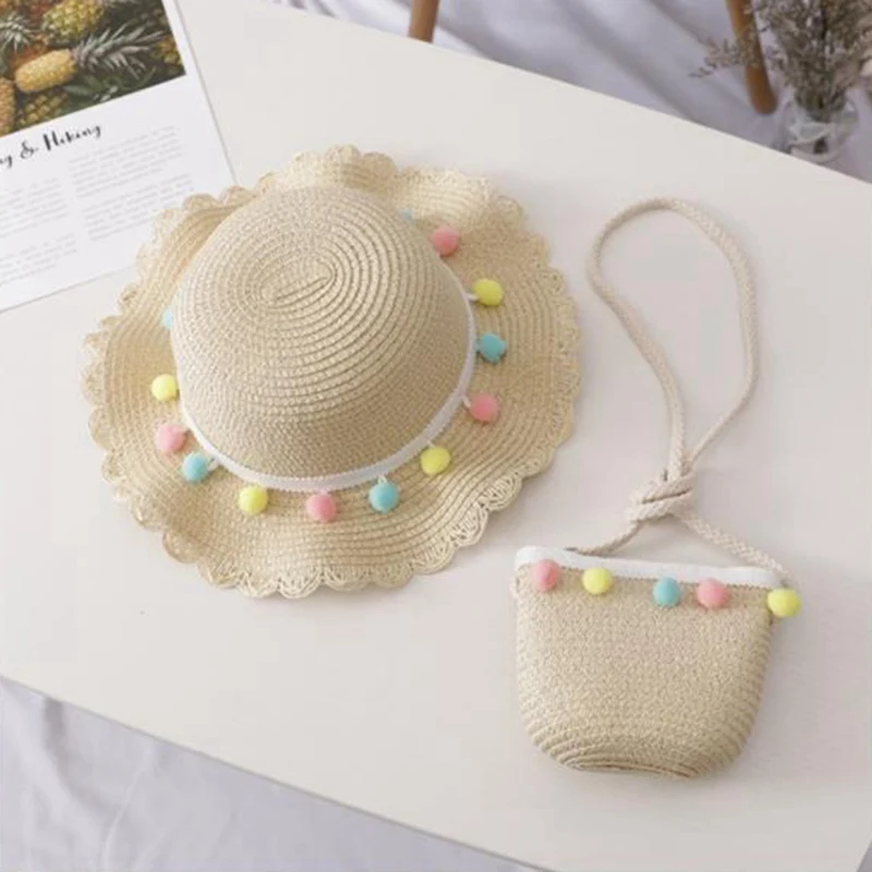 2023 Summer Fashion Children Colorful Ball Sunscreen Sun Hat Straw Hat Bag for Girls Girl Cute Breathable Baby Accessories