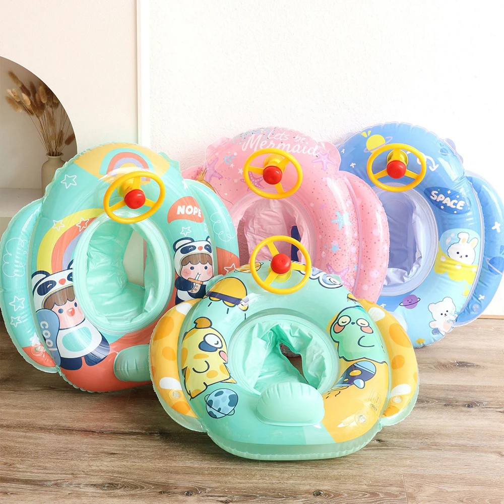 Float Toys Car Swim Accessories Inflatable Kids Foldable Swim Ring Baby Circle Cartoon Floating Rubber Sound Steering Wheel Seat