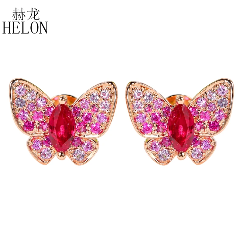 

HELON Ruby Butterfly Earrings Solid 18K Rose Gold Genuine Pink Sapphire Engagement Stud Earrings Elegant Unique Fine Jewelry