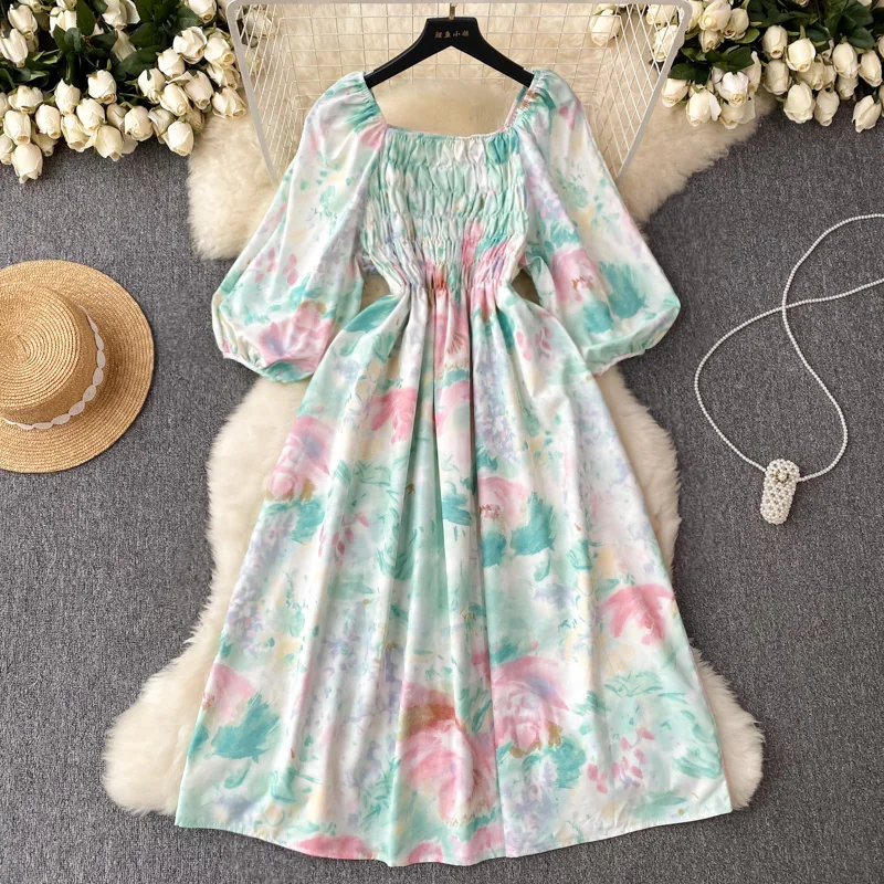 

Summer French Vintage Halo Dyed Dress Lantern Sleeves Pleated Small Style High Grade Dress