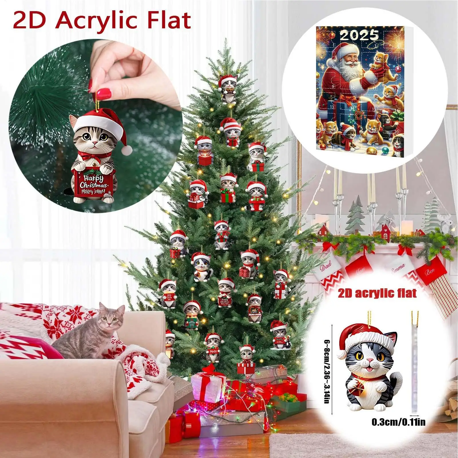 24 Day Cartoon Cat Ornaments Christmas Countdown Cute 2D Acrylic Kitten Decor Christmas Ornaments for Xmas Tree Party Decoration