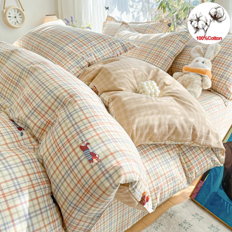 100 % Cotton Duvet Cover Set Bedding Set Striped Cute Dog Design Duvet Cover Pillowsham Comfort Breathable Fade Resistant 1