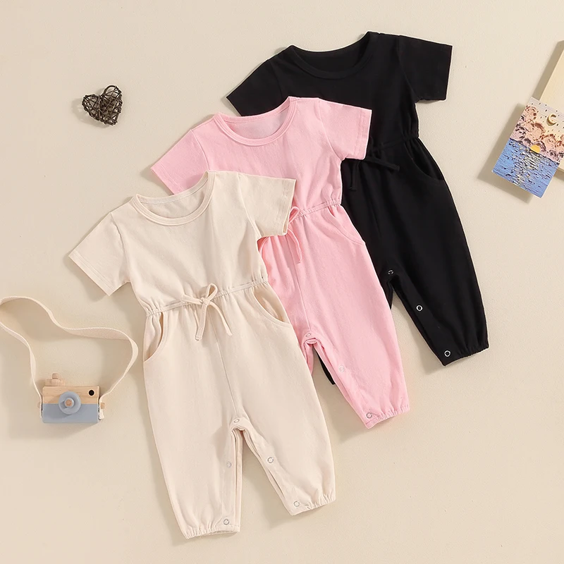 

2024-03-11 Lioraitiin 0-3Y Summer Baby Girls Romper Short Sleeve Crew Neck Tie-up Solid Casual Jumpsuit Clothes