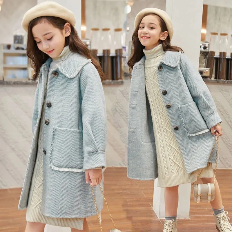 Autumn Girls Woolen Dress Jacket with Pockets Kids Button Lapel Lining Long Coat for Girls Blue Beige Elegant Trench Coat 6-14