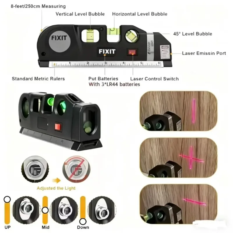 Self-Leveling Cross Line Laser Level Kit - 8ft Measuring Tape & 360° Laser Line Projector for Construction Renovation Alignment