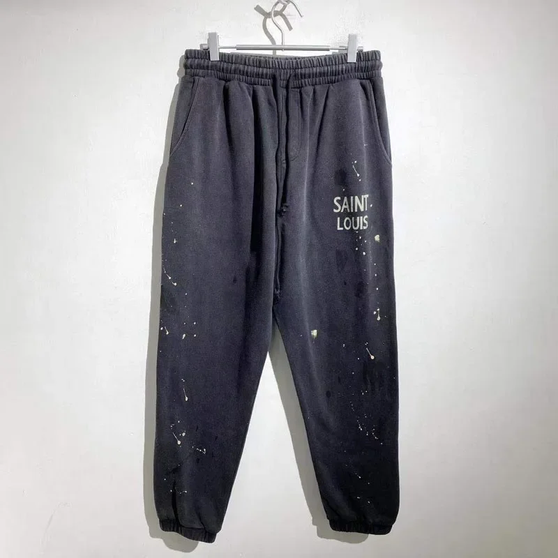 24ss Saint Louis Oversized Sweatpants Men Women 1:1 Speckled Graffiti Washed Pants