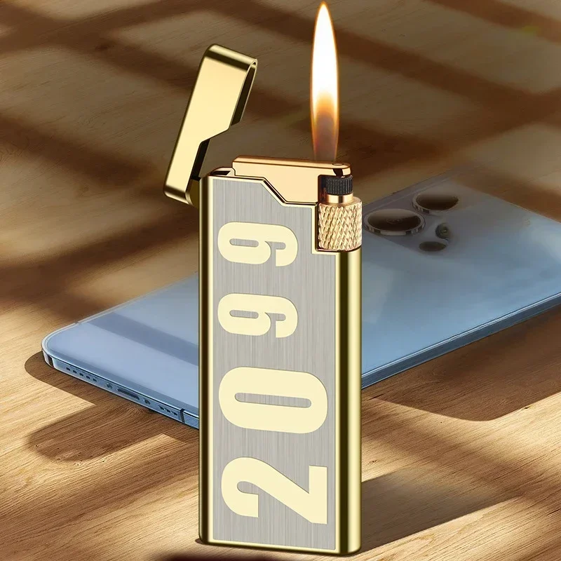 

Creative Double Plating Inflatable Open Flame Thin Windproof Test Grinding Wheel Lighter for Boyfriend