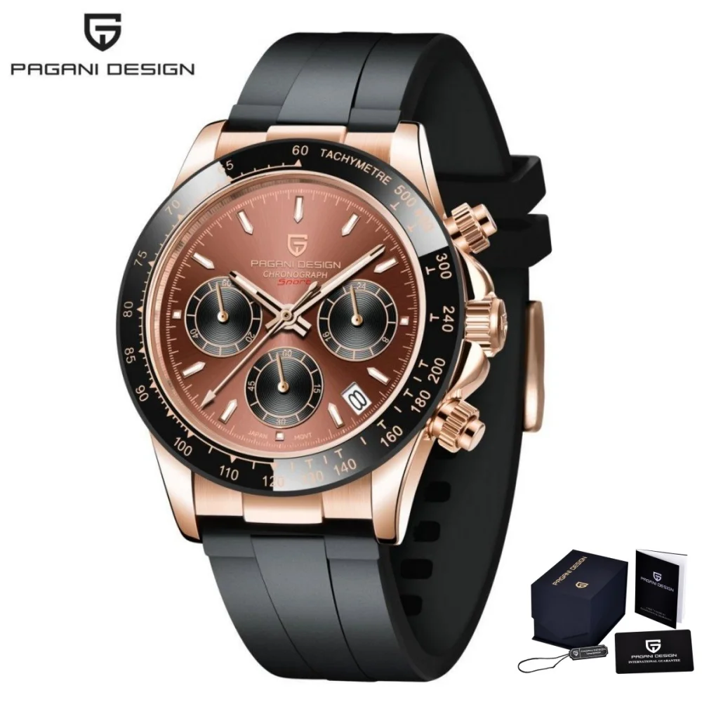 Pagani Design PD1664 Orologio Uomo Cronografo VK63 – Lunetta In Ceramica – Vetro Zaffiro – Nero E Oro – Cinturino In Pelle - 2