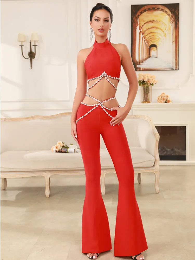 Luxury Women Summer Sexy Cut Out Sleeveless Beading Red Flare Bandage Pants Set 2024 Elegant Evening Club Party Outfits 2