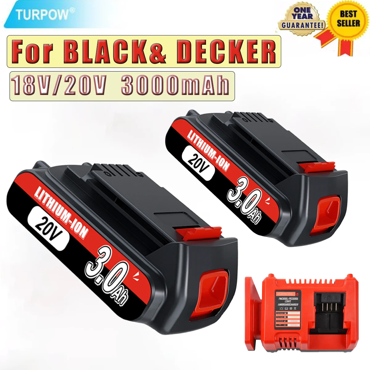 Turpow 18V/20V 3000mAh Liion Replacement Battery+Charger For BLACK