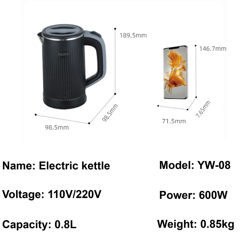 800ml Electric Kettle Automatic Power Off 304 Stainless Steel Teapot Hotel Dormitory Portable Travel Boil Water Pot 110V/220V 6