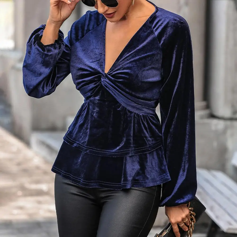 

Women Solid Color Shirt Elegant V Neck Velvet Shirt for Women Ruched Bust Layered Slim Waist Blouse Spring Fall Solid Color Long