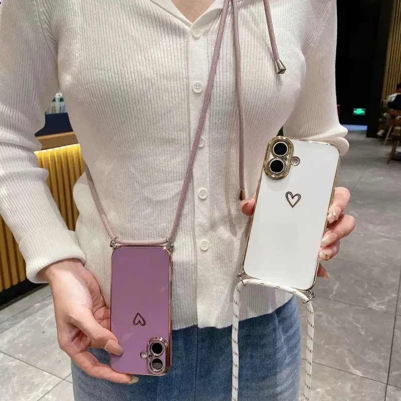 Elegant Crossbody Lanyard Case with Plating Love Design - Shockproof Camera Protection Cover