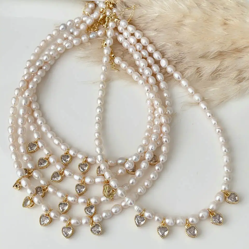 

3Pcs 2023 New Natural Freshwater Pearl Necklace CZ Heart Pendant Necklace Pearls Beaded Choker For Women Party Mothers Day Gifts