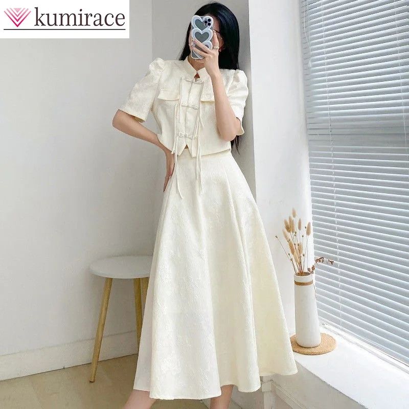 

New Chinese style short sleeved top and half skirt 2024 large women's summer new slim fit women's two-piece sets kirt sets