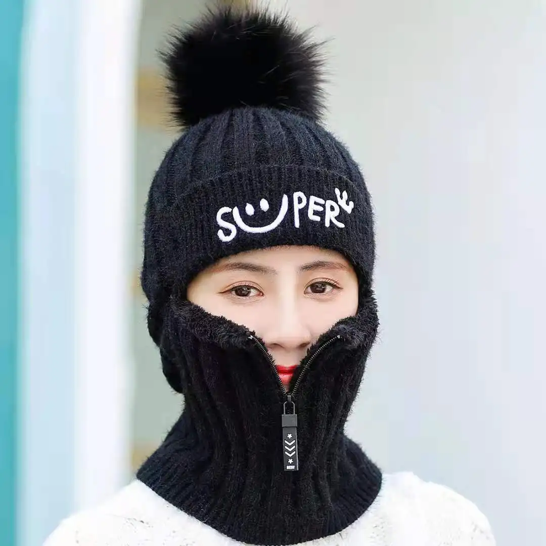 Coral Fleece Winter Women Knitted Hats Add Fur Warm Winter Hats For Women With Zipper Keep Face Warmer Balaclava Pompoms Caps 3