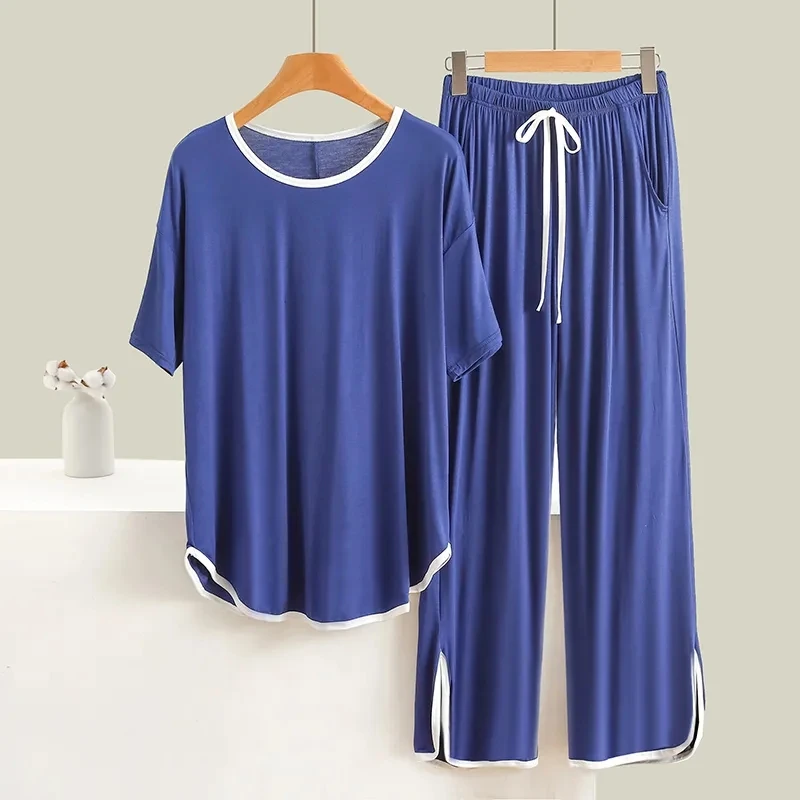 Plus Size 5XL 150KG Spring Summer Women Pajamas Set Short Sleeve Tops and Pants Solid Color Sleepwear Pajamas Suit Home wear
