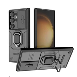 Enhanced Protective Armor Case with Slide Camera Guard and Ring Holder for Ultimate Shockproof Protection (Black)
