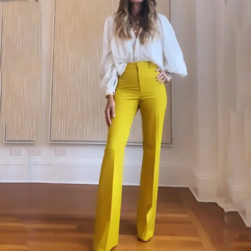 

2023 Women's New Trouser Suit, Temperament Commuter V-neck Long-sleeved Loose Top Flared Trousers Solid Colour 2-piece Set Ladie