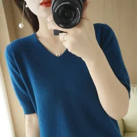 Spring Autumn Women Sweaters Short Sleeves V-neck Bottoming Shirt Knitwear 2025 Summer Camel Green Pink Pullovers Korean Jumpers