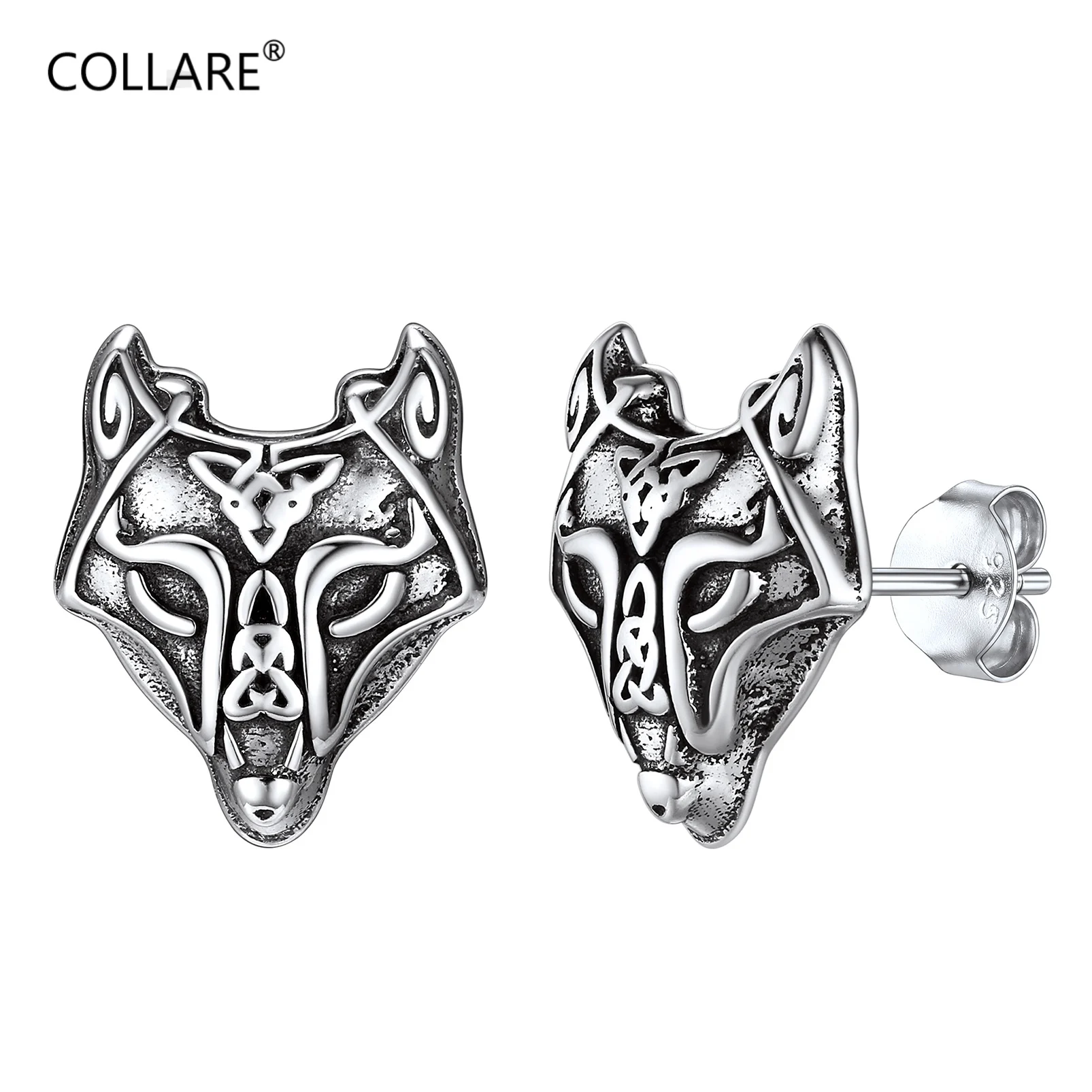 

ChainsPro Men Women Norse Viking Vintage 925 Sterling Silver Celtic Knot Pattern Wolf Head Stud Earrings Push Back Closure CP683